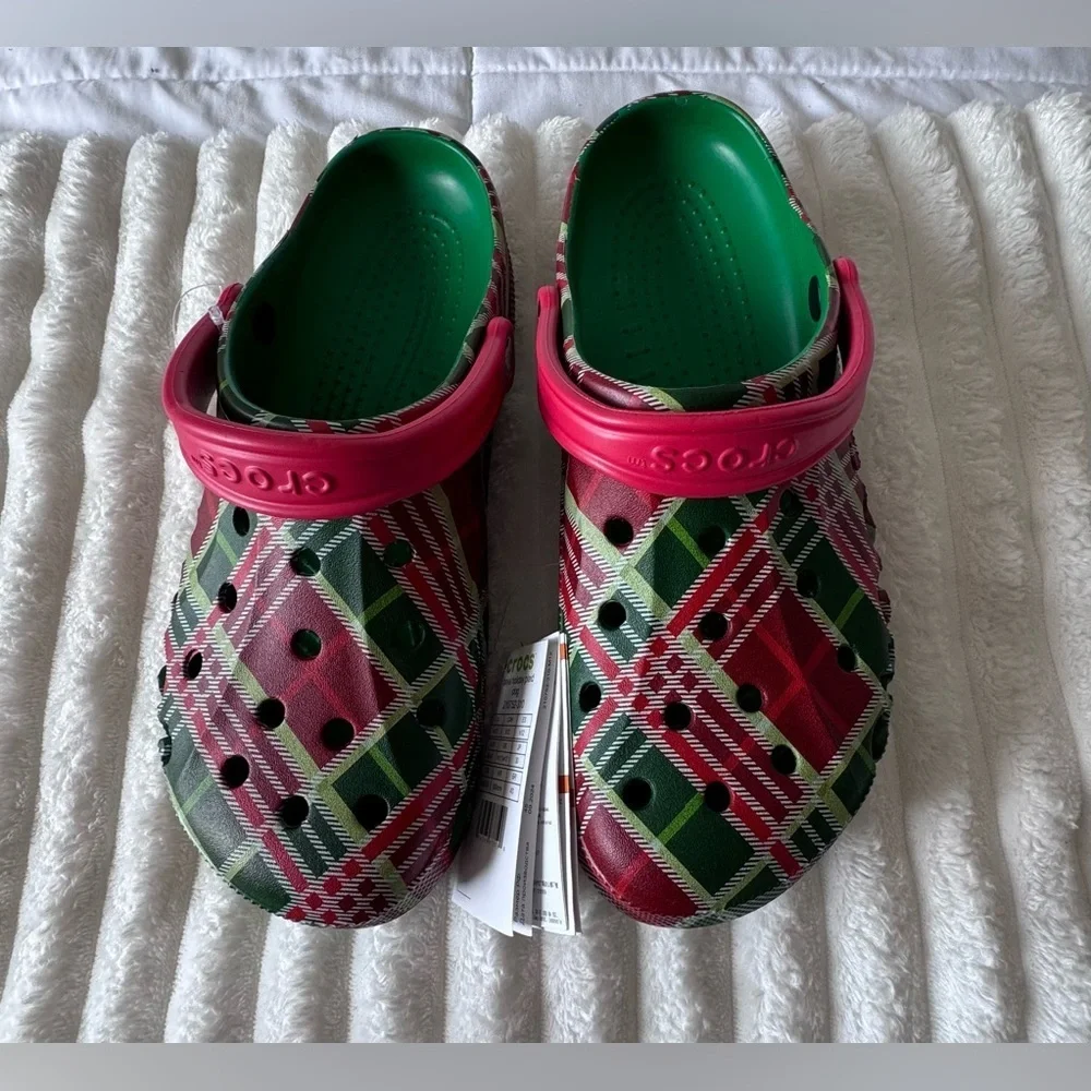 Crocs Baya Holiday Plaid Clogs Size 12Men /14Women Christmas Red Green Sandals